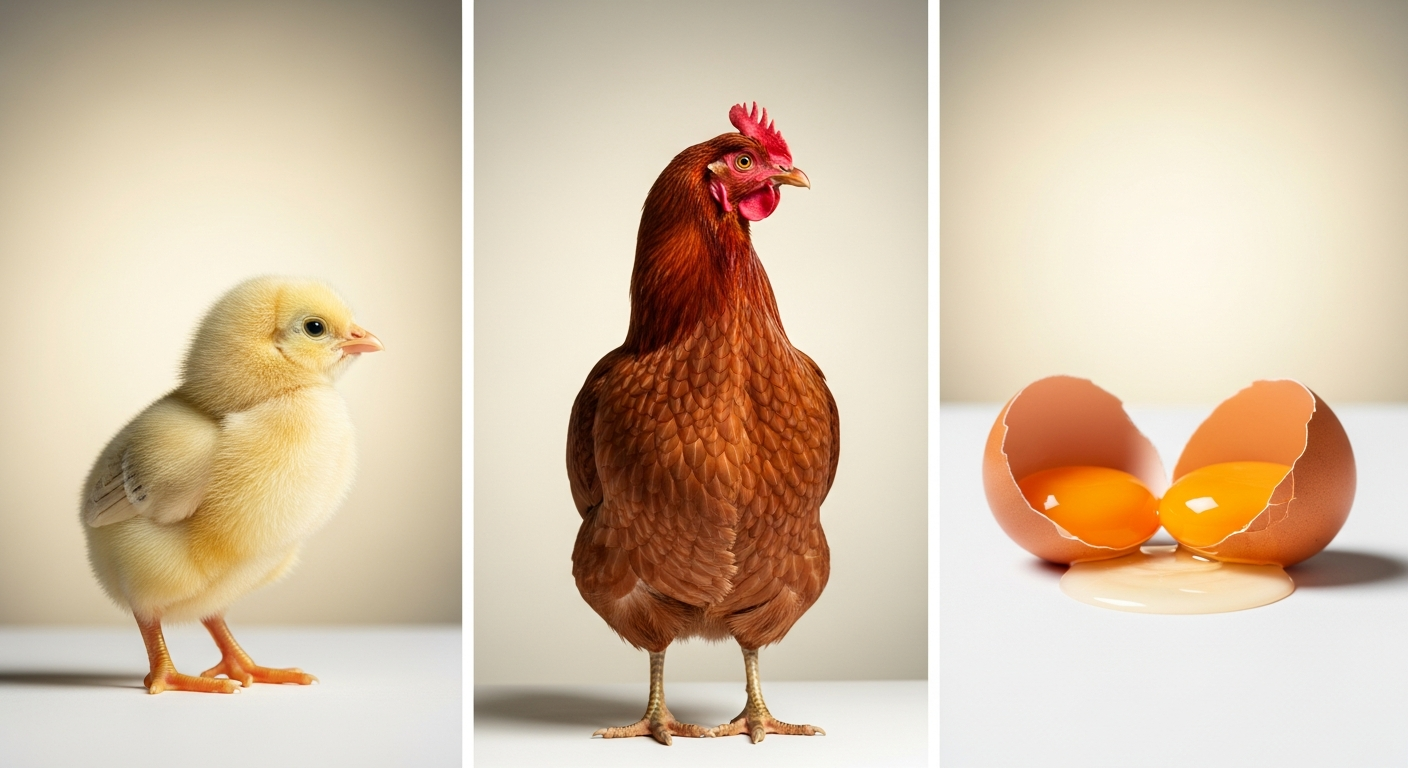 Yellow chick, layer hen, and cracked egg